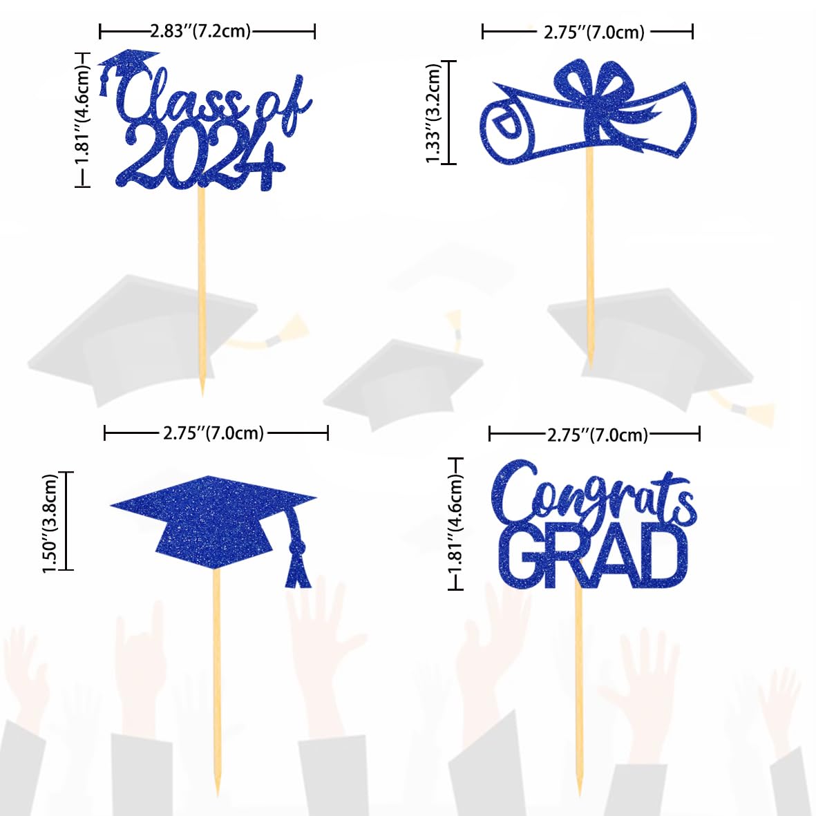 Moitkptt 2024 Graduation Topper, Set Of 24 (Blue) - Includes 4 Styles: Grad Cap, Diploma, 'Class Of 2024', 'Congrats'