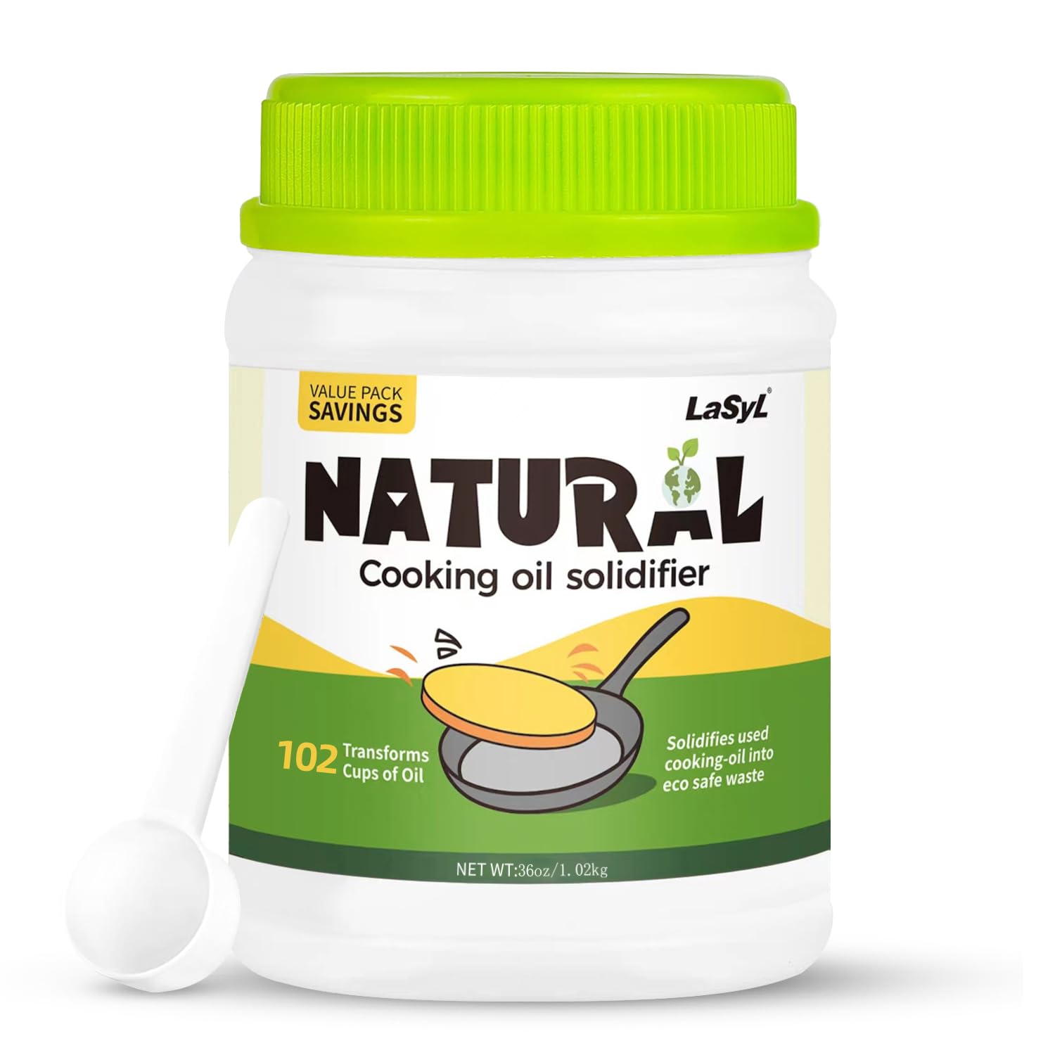 LaSyL Natural Cooking Oil Solidifier Powder, Plant-Based, 36 Oz, Model PAN FRY, 100% Eco-Friendly, Solidifies Up to 6.74 Gallons