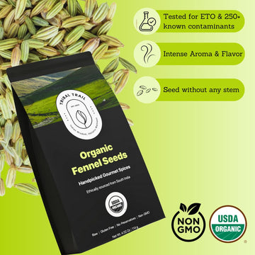 Tribal Trail Fennel Seeds Organic | 4.02 Oz | Usda Organic & Non-Gmo | Indian Origin | Recyclable Kraft Bags | Best For Tea, Smo