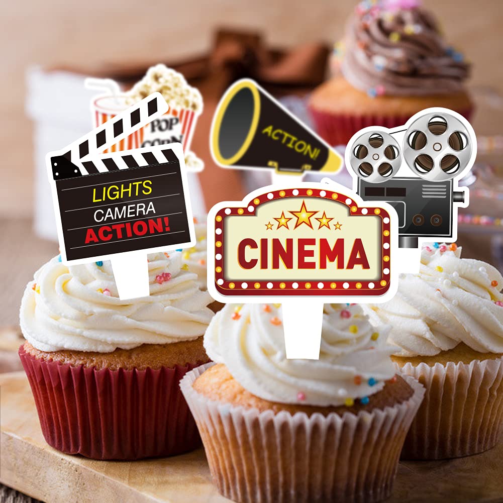 24 Pcs Movie Night Themed Cupcake Toppers For Birthday Party Decorations, Cinema Themed Party Supplies, Cinema Sign