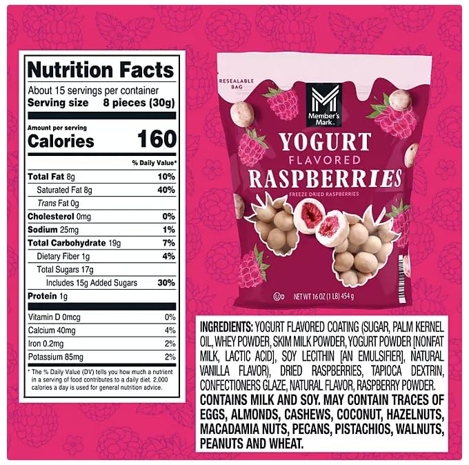 Member Mark Freeze Dried Raspberries, Yogurt Flavored, 16 Ounces (1 Pound) Resealable Bag - Healthy Snack Option