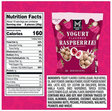 Member Mark Freeze Dried Raspberries, Yogurt Flavored, 16 Ounces (1 Pound) Resealable Bag - Healthy Snack Option