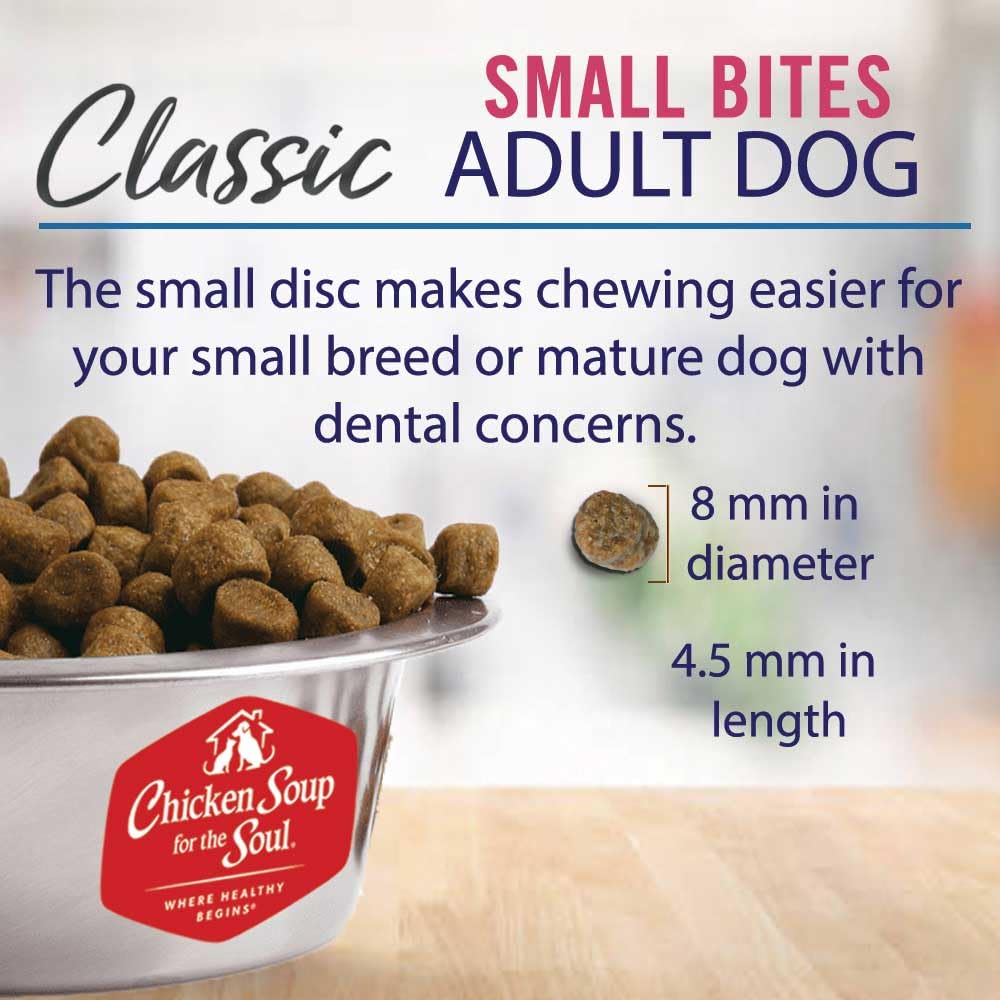 Chicken Soup For The Soul All Natural Enhanced Small Bites Mature-Themed Dry Dog Food, Real Meat First Ingredient, No By-Products, Supports Gut & Immune Health, Chicken, Turkey & Brown Rice, 28Lb