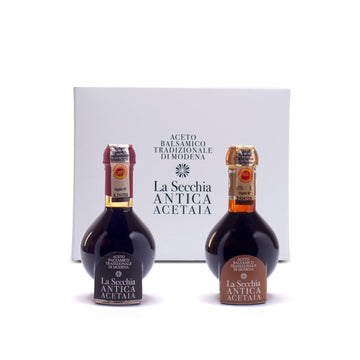 La Secchia - Duetto Of Traditional Balsamic Vinegar Of Modena Dop With Aging Of 20 And 35 Years, Two Bottles Of 100 Ml With Glas
