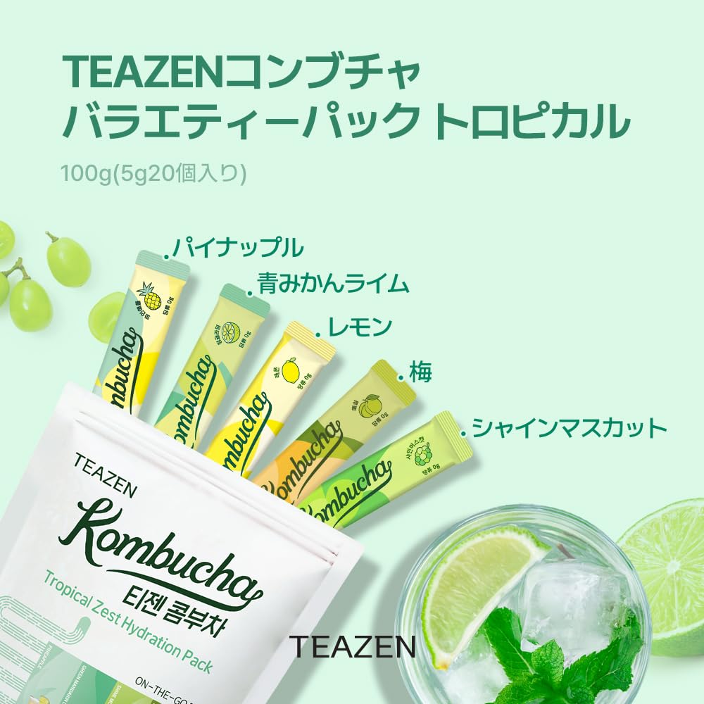 Teazen Kombucha Tea Tropical Zest Hydration Variety Pack - 20 Sticks, 5 Flavor (Lemon, Pineapple, Korean Plum, Shine Muscat, Gre