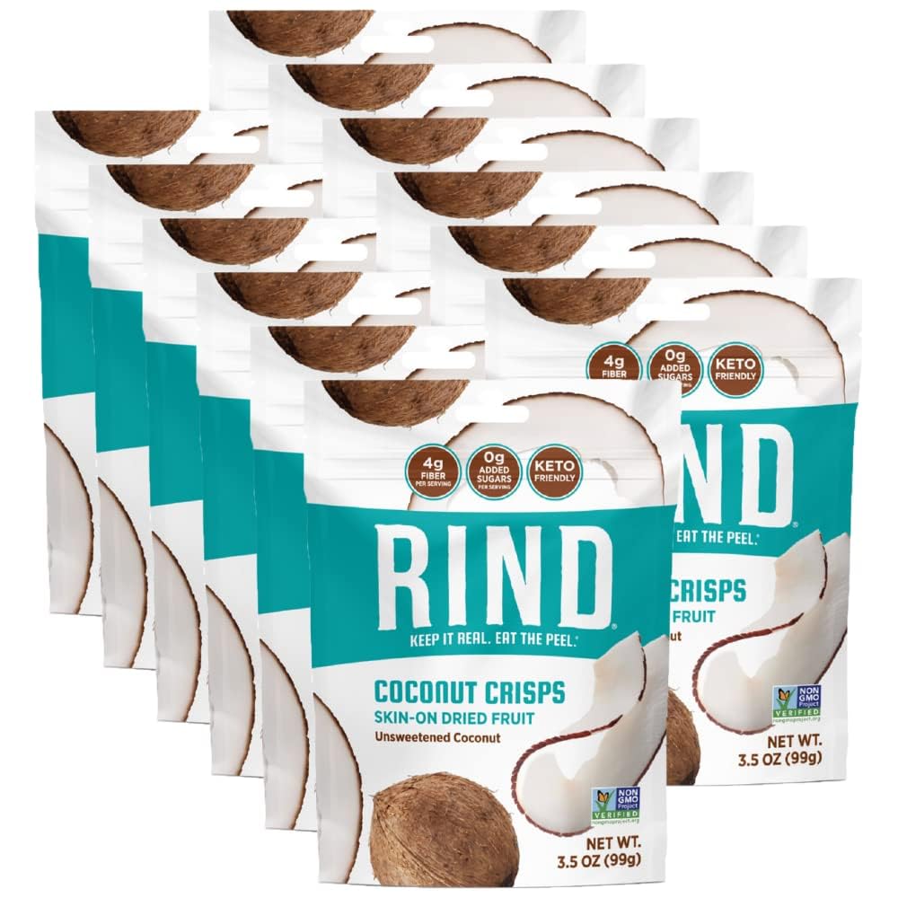 RIND Snacks Coconut Crisps, Unsweetened Dried Fruit Snack Chips, 3.5 oz, 12 Pack, Low Carb, High Fiber, Gluten Free, Vegan, Paleo