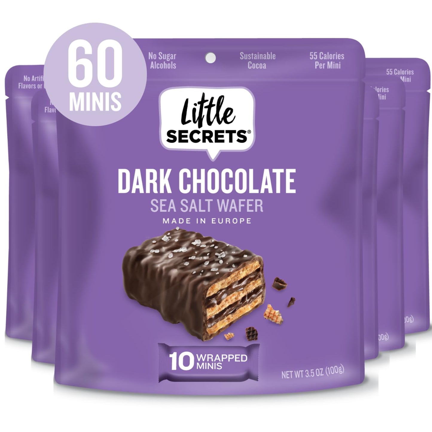 Little Secrets Dark Chocolate Crispy Wafers, 60 Minis, 3.5 Ounce, Pack of 6, Sustainable Cocoa, No Sugar Alcohols, Made in Europe