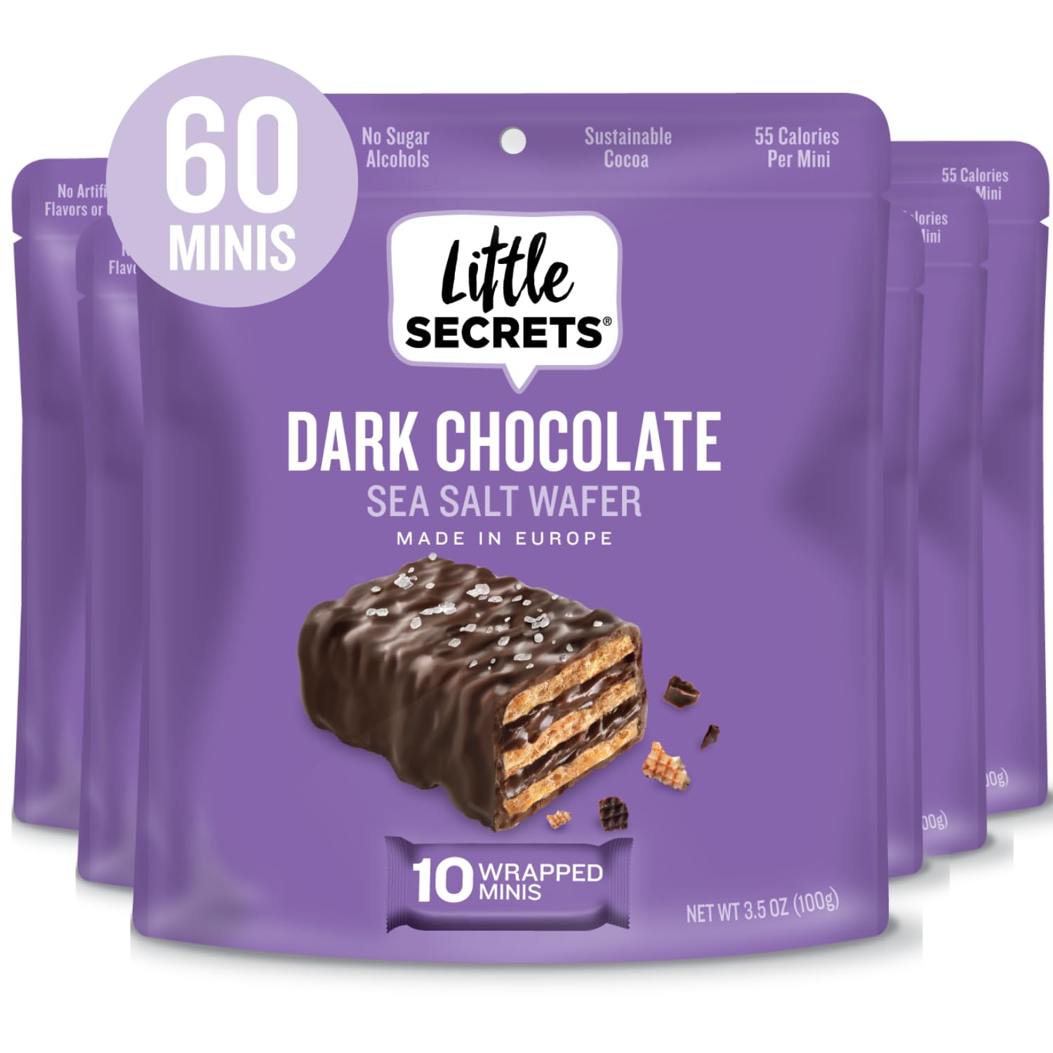 Little Secrets Dark Chocolate Crispy Wafers, 60 Minis, 3.5 Ounce, Pack of 6, Sustainable Cocoa, No Sugar Alcohols, Made in Europe