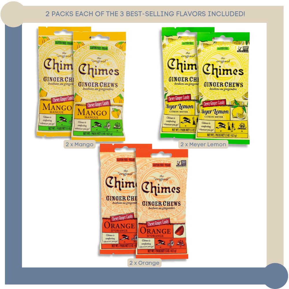 Empire Mercante Ginger Chews Variety Pack - 6 Count (2 Each: Mango, Orange, Lemon) - Vegan, Gluten Free, Organic