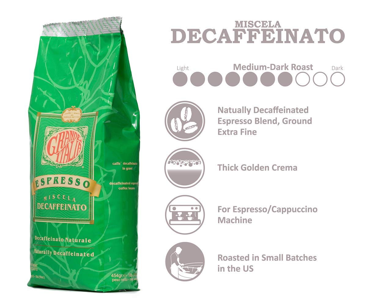 Grande Italia Decaf Whole Bean Espresso, Miscela Decaffeinato, 1Lb