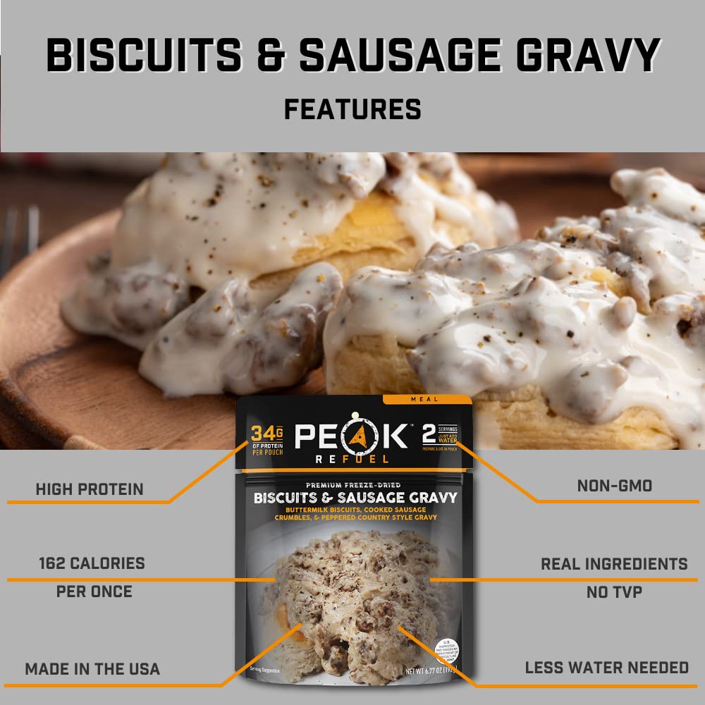 Peak Refuel Biscuits & Sausage Gravy | Freeze Dried Backpacking, Camping & Emergency Prep Food | 2 Servings Pouches