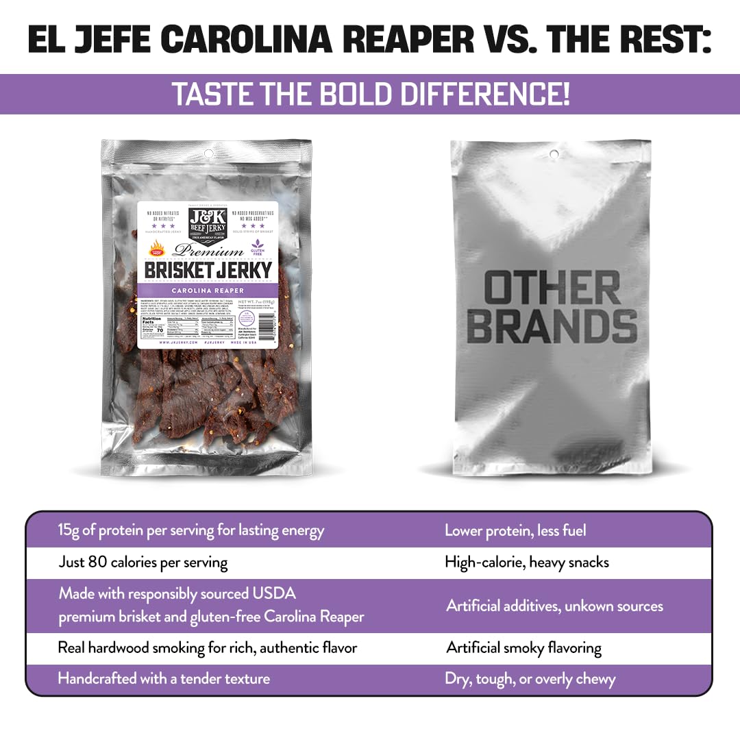 J&K Jerky Carolina Reaper Beef Brisket Jerky - Small Batch American Made Slab Beef Jerky'S Spicy And Savory Snack With A Kick -
