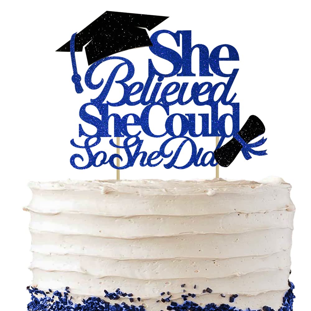 Moitkptt Graduation Cake Topper, She Believed She Could, Cardboard, Blue, 2024 Party Supplies