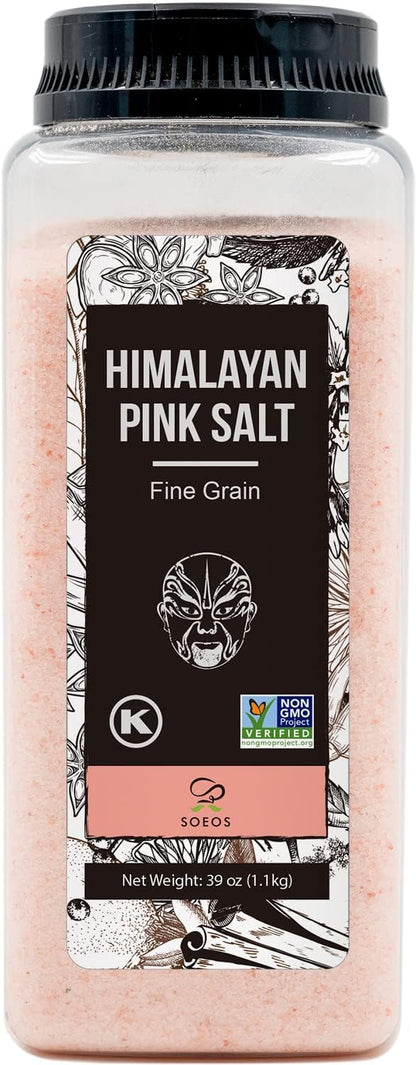 Soeos Himalayan Pink Salt, Fine Grain, 38.8oz (2.4 LB), Non-GMO, Pink Salt, Kosher Salt, Himalayan Rock Salt