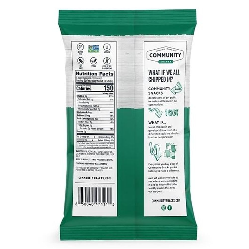 Community Snacks Fire Roasted Jalapeo Flavor Kettle Cooked Potato Chips- 5 Oz Bag (12 Count) - Non-GMO, Gluten-Free, Kosher, Veg
