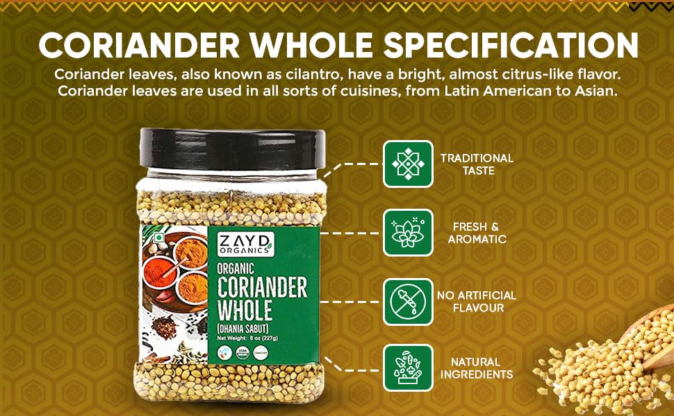 Zayd Organics Coriander Seeds 8Oz (227G) Dhania Whole (8Oz)