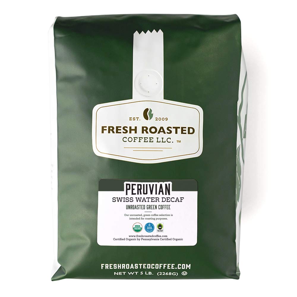 Fresh Roasted Coffee, Unroasted Swiss Water Decaf Peru, Organic Fair Trade Kosher, 5 Pound
