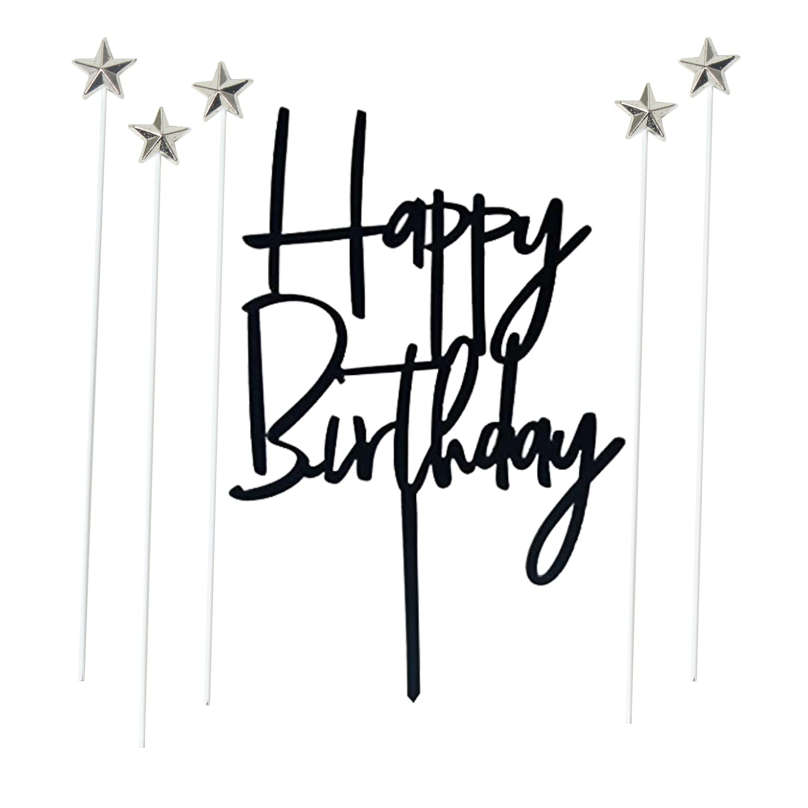 Set of 1 Black Acrylic Happy birthday Cake Topper 5 pcs silvery Star Cake Cupcake Topper(Black 1)