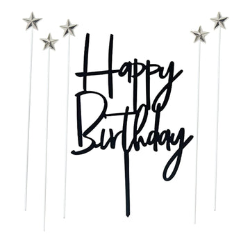 Set of 1 Black Acrylic Happy birthday Cake Topper 5 pcs silvery Star Cake Cupcake Topper(Black 1)