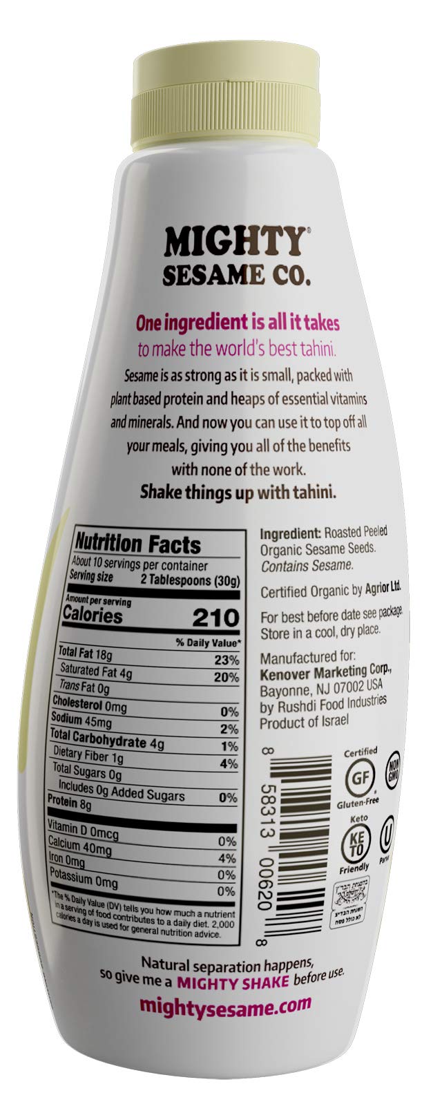 Mighty Sesame, Organic, Fine Sesame Tahini, 10.9Oz, Squeezable Bottle, Gluten Free, Ready To Use!