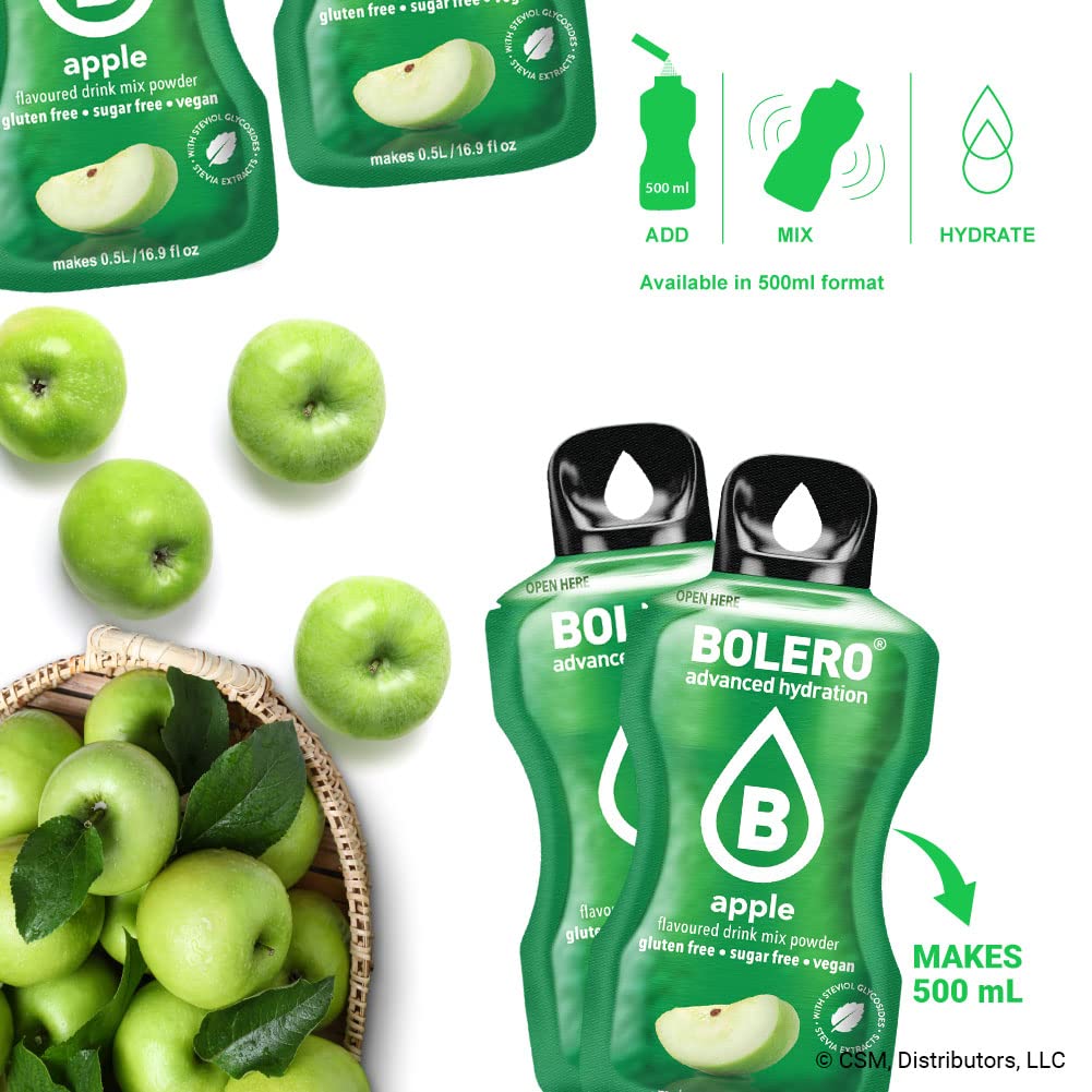 Bolero- Sugar Free Drink Mix Packets Apple Fruit Flavors | Powdered Flavored Water Packet | 36 Small Sachet On The Go Packets