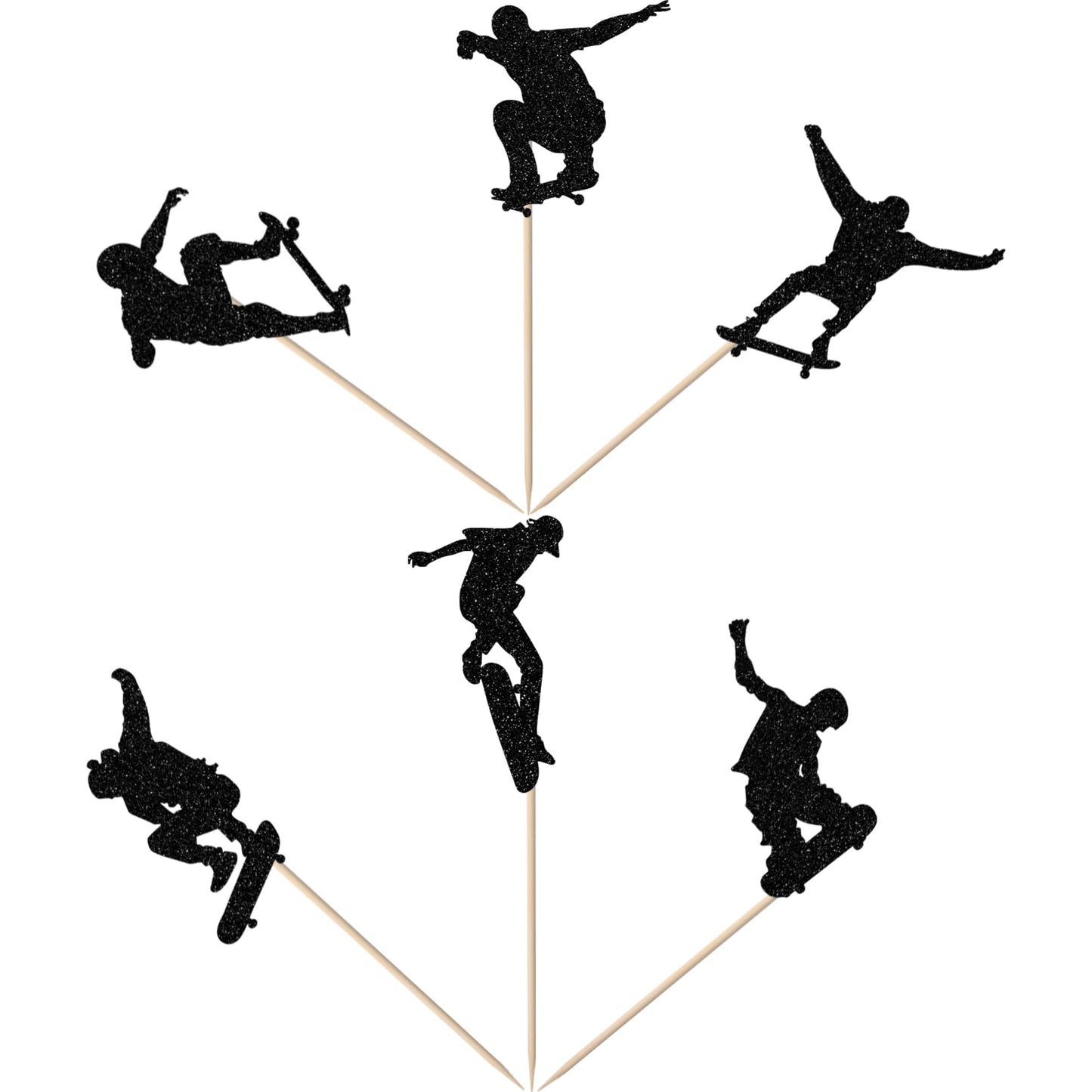 24 Pcs Skateboard Cupcake Toppers Black Glitter Skateboarding Cupcake Picks Sport Skating Theme Bachelorette Birthday Party Cake