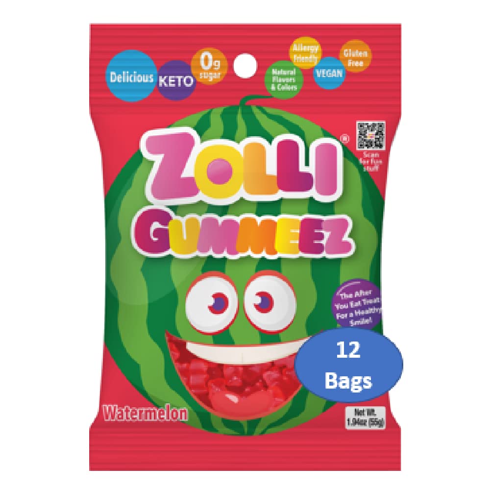 Zolli Gummies Watermelon - Delicious Zero Sugar, Allergy-Free, KETO, Vegan Clean Teeth Candy - 12 Packs of 1.94oz for a Refreshi