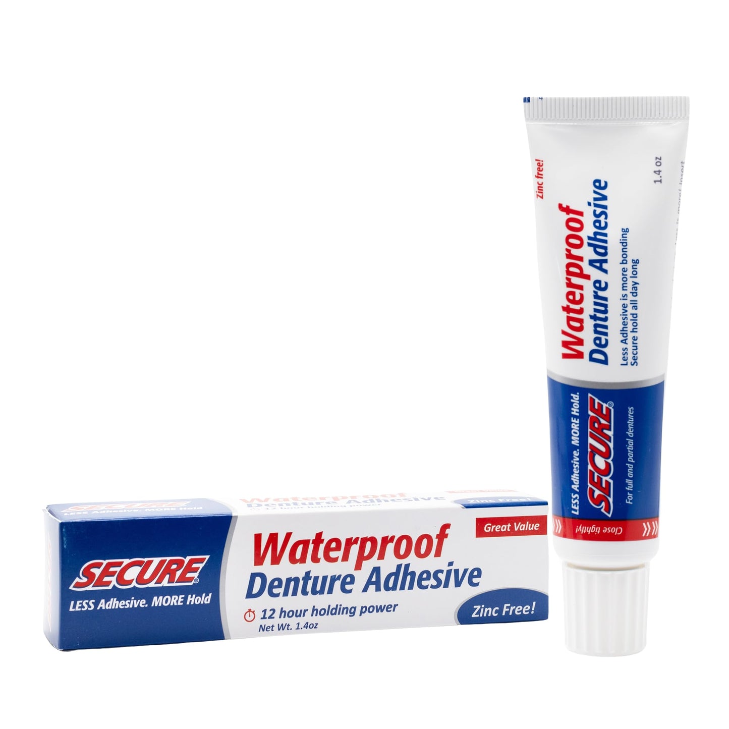 Secure Waterproof Denture Adhesive - Zinc Free - Extra Strong Hold For Upper Lower Or Partials - 14 Oz