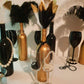 Jevenis 41 Pcs Gorgeous Black And Gold Dipped Feather Black Feathers White Pearl Bead Necklaces For 1920'S Wedding Cake Decorati