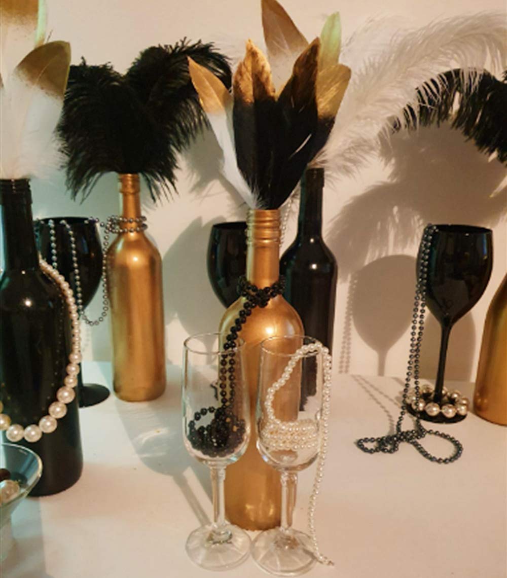Jevenis 41 Pcs Gorgeous Black And Gold Dipped Feather Black Feathers White Pearl Bead Necklaces For 1920'S Wedding Cake Decorati