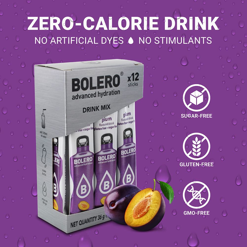 Bolero- Sugar Free Drink Mix Packets Plum Fruit Flavors | Powdered Flavored Water Packets | 36 Singles Sticks On The Go Packets