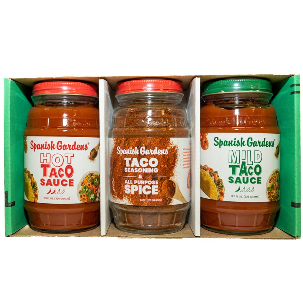 Spanish Gardens Taco Truck Trio - Mild Taco Sauce, Hot Taco Sauce, & Taco Seasoning For Authentic Mexican Food - Original Family