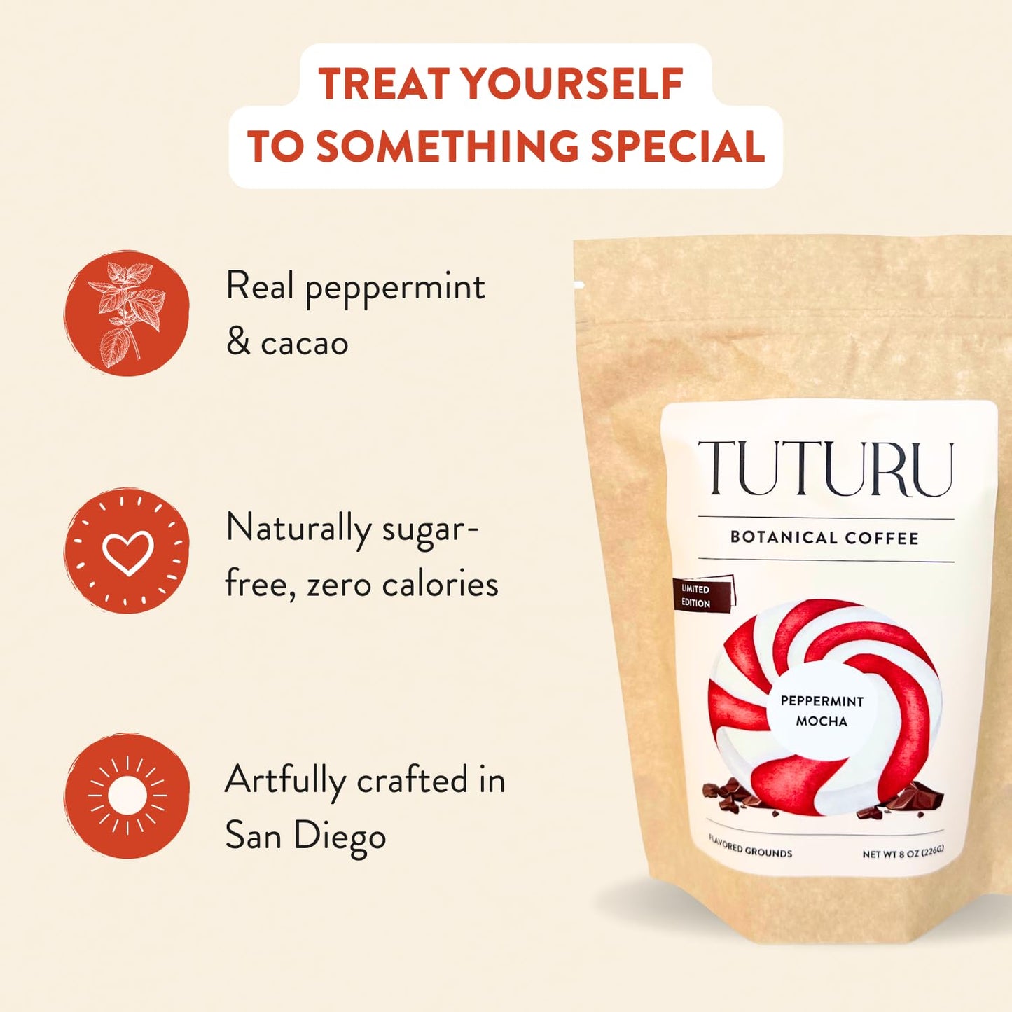 TUTURU Botanical Coffee Organic Peppermint Mocha Ground Coffee, Medium Roast, 8 oz, Smooth Low-Acid, Perfect for Drip or Cold Brew