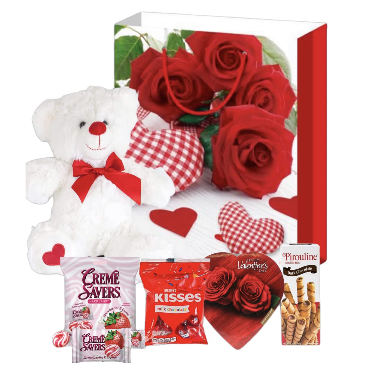 Valentines Day Gift Basket Set | Teddy Bear Plush (Color Varys), Creme Savers Hard Candy, Individually Wrapped, Hershey Kisses Milk Chocolate, Heart Shape Elmer Chocolates Dark Chocolate Or Hazelnut Pirouline Wafers, & Valentine Bag (Design Varies |