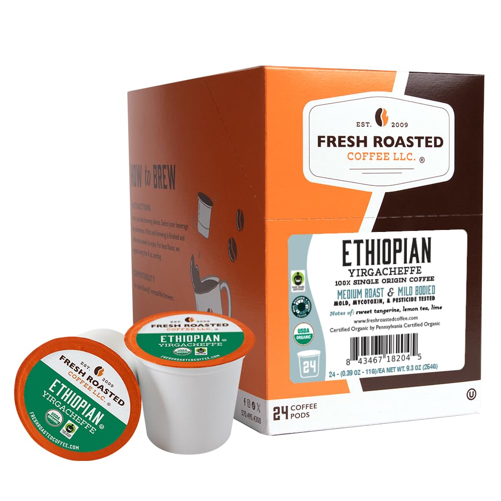 Fresh Roasted Coffee, Organic Ethiopian Yirgacheffe | Usda Organic, Kosher, 3Rd Party Tested For Mold, Myco, Pesticides | 24 Pods For K Cup Malt-Inspired