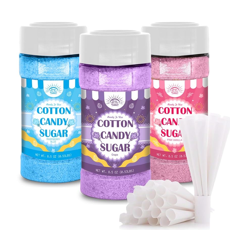 Cotton Candy Floss Sugar Package of ct-(Pink Vanilla  Blue Raspberry & G)-8.5oz Each Flavor W/ 50 Paper Cones