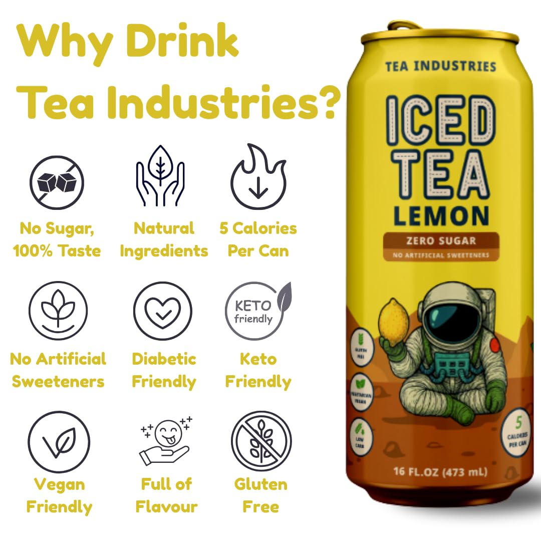 Tea Industries Black Tea with Lemon Iced Tea - Sugar Free  Low Calorie Citrus Flavor Electrolyte Drink for Hydration  16oz Cans (12-Pack)