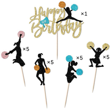 21 Piece Set Cheerleader Happy Birthday Cake Topper-Cheerleading Gymnastics Cupcake Top Hat -Cheerleader Gymnast Girl Cake Selec