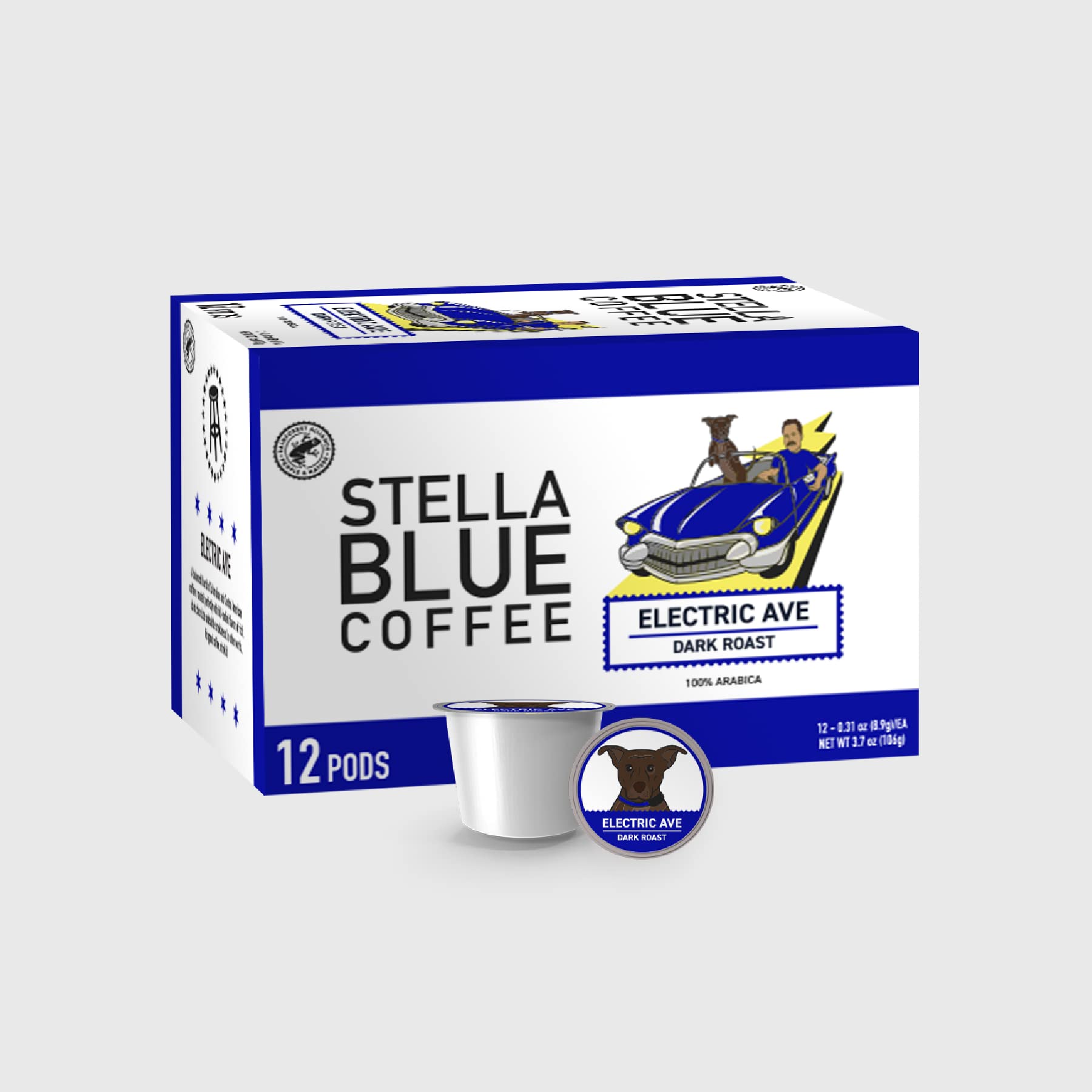 Stella Blue Single-Serve Coffee Pods, Electric Ave - Dark Roast, 12 Count, 100% Arabica Coffee Ethically & Sustainably Sourced F