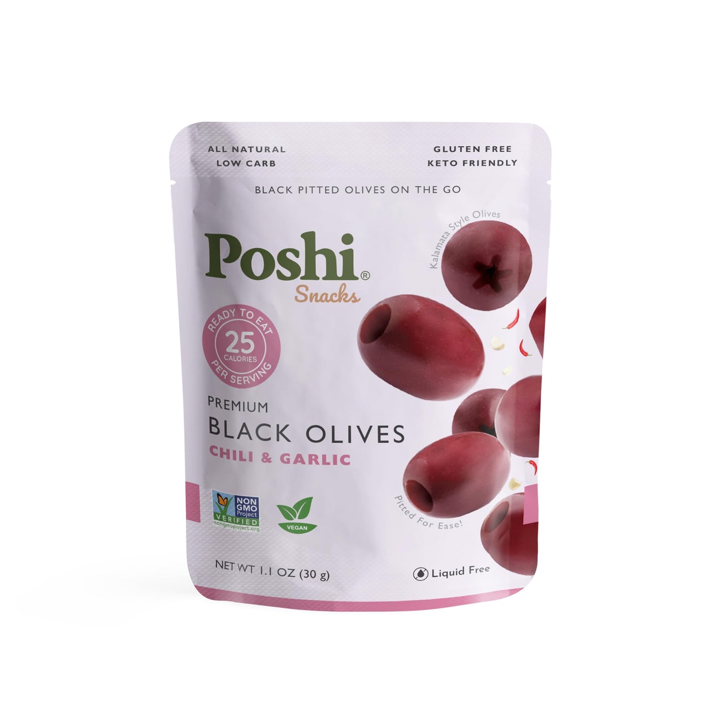 Poshi Marinated Kalamata Style Pitted Olives | Chili & Garlic | Vegan, Kosher, Gluten Free + Keto Friendly, Fresh, All Natural Low Calorie Healthy Snacks | (30 Pack, 1.1Oz Bags)