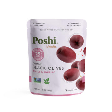 Poshi Marinated Kalamata Style Pitted Olives | Chili & Garlic | Vegan, Kosher, Gluten Free + Keto Friendly, Fresh, All Natural Low Calorie Healthy Snacks | (30 Pack, 1.1Oz Bags)