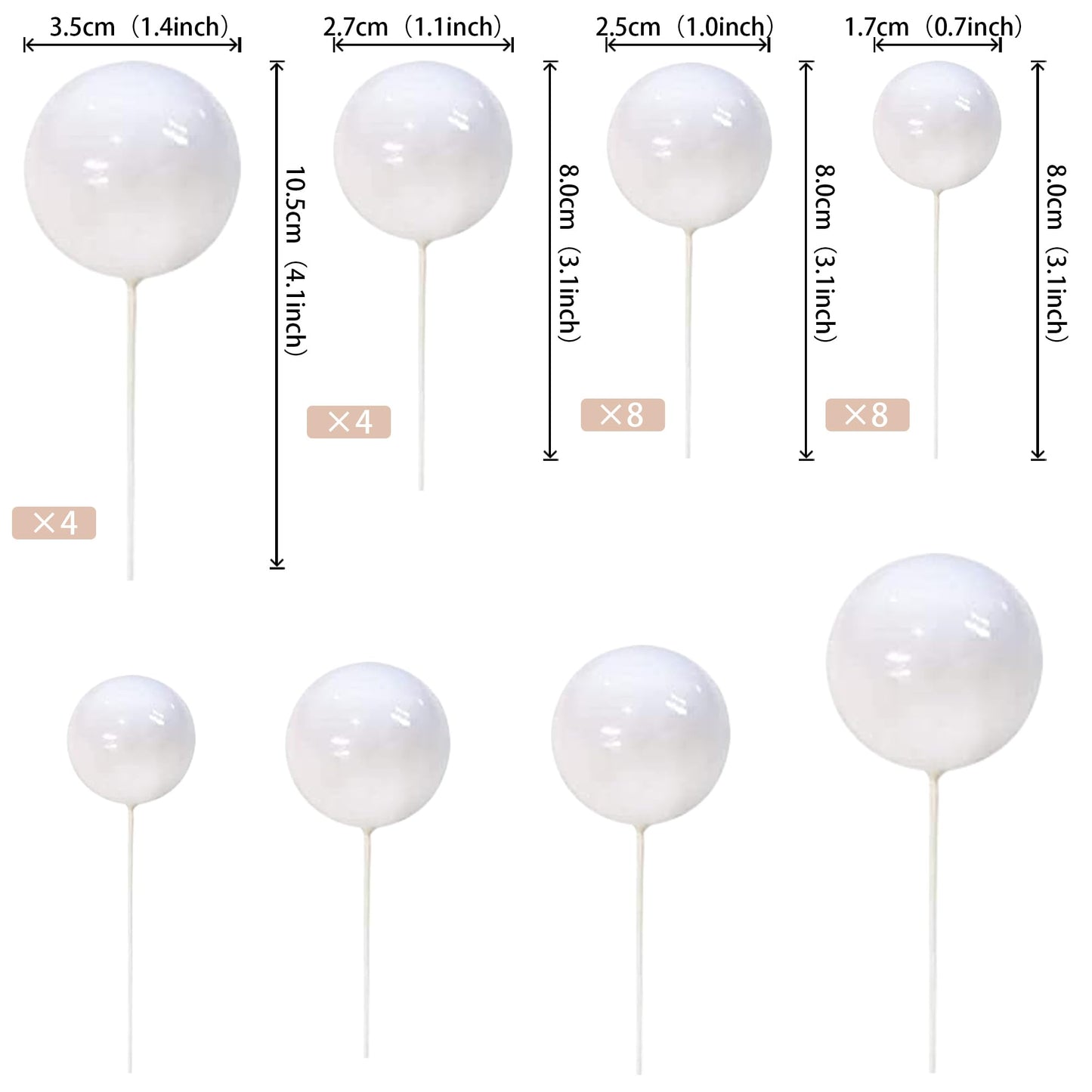 ZHUOWEISM 24 PCS Foam Ball Cake Toppers - White Cupcake Decorations for Baby Shower, Wedding, Engagement, Birthday Party Supplies