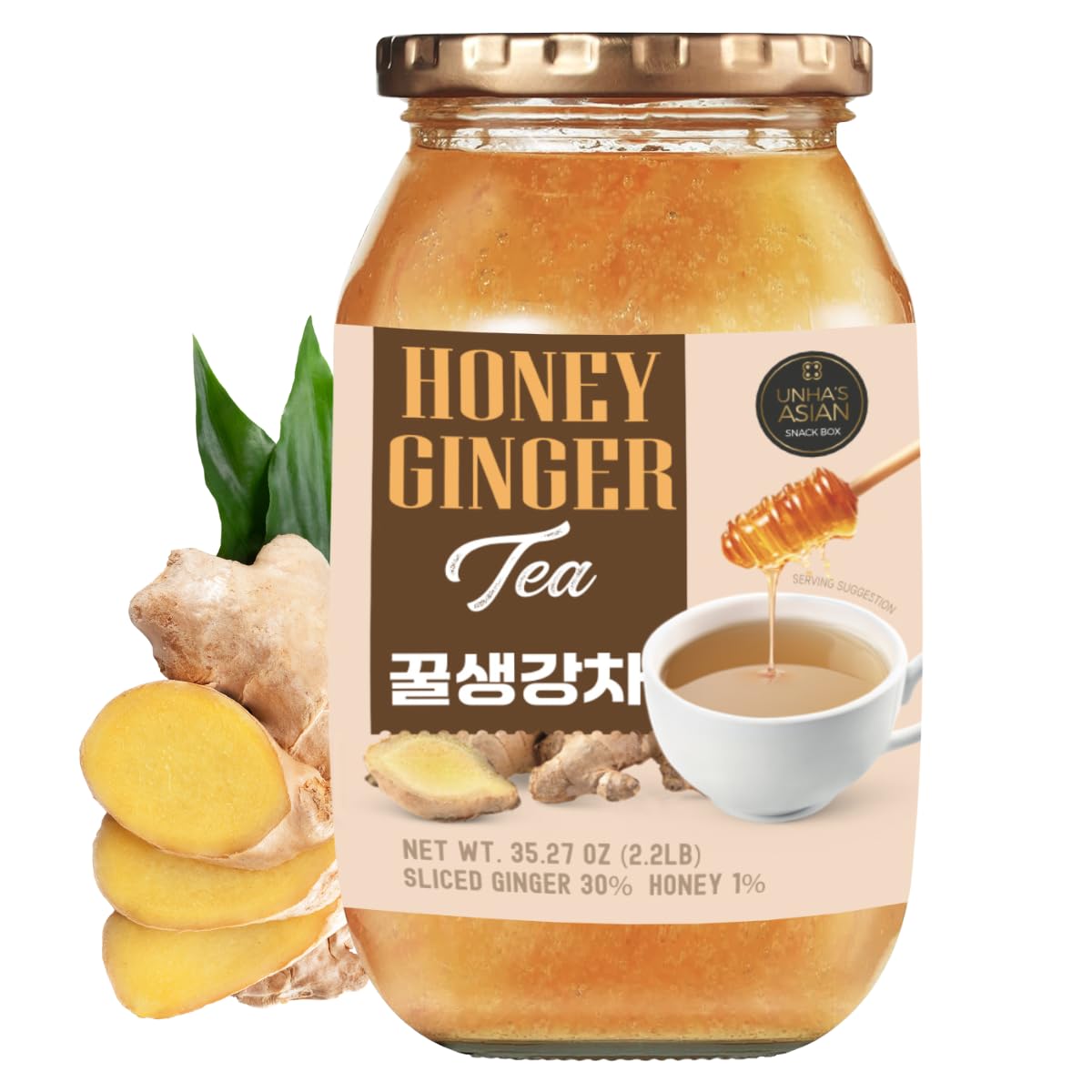 UNHAS ASIAN SNACK BOX Korean Honey Ginger Tea – Premium Sliced Ginger with Real Honey, 35.2 OZ, Sweet Spicy Hot or Cold Tea