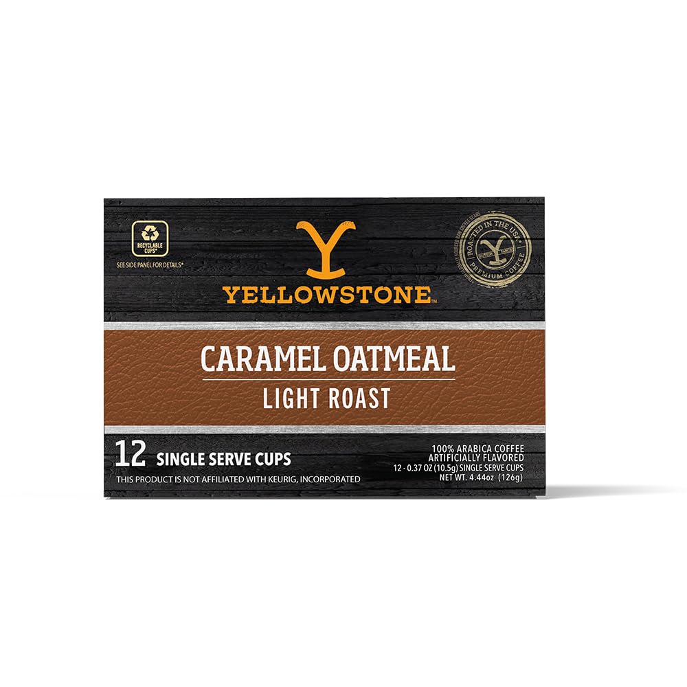 Y Yellowstone Caramel Oatmeal Light Roast Coffee, 100% Arabica Beans, Single Serve Recyclable Pods, 12 Count