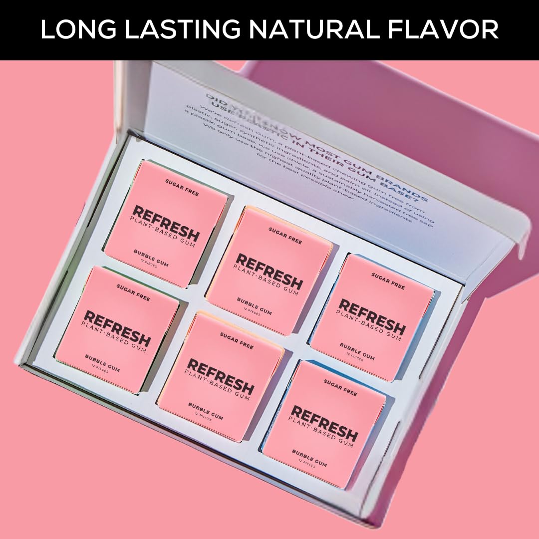 Refresh Gum, Sugar Free, Natural, Xylitol, Long Lasting Chewing Gum, Natural Flavors & Organic Ingredients, Plant-Based, Plastic