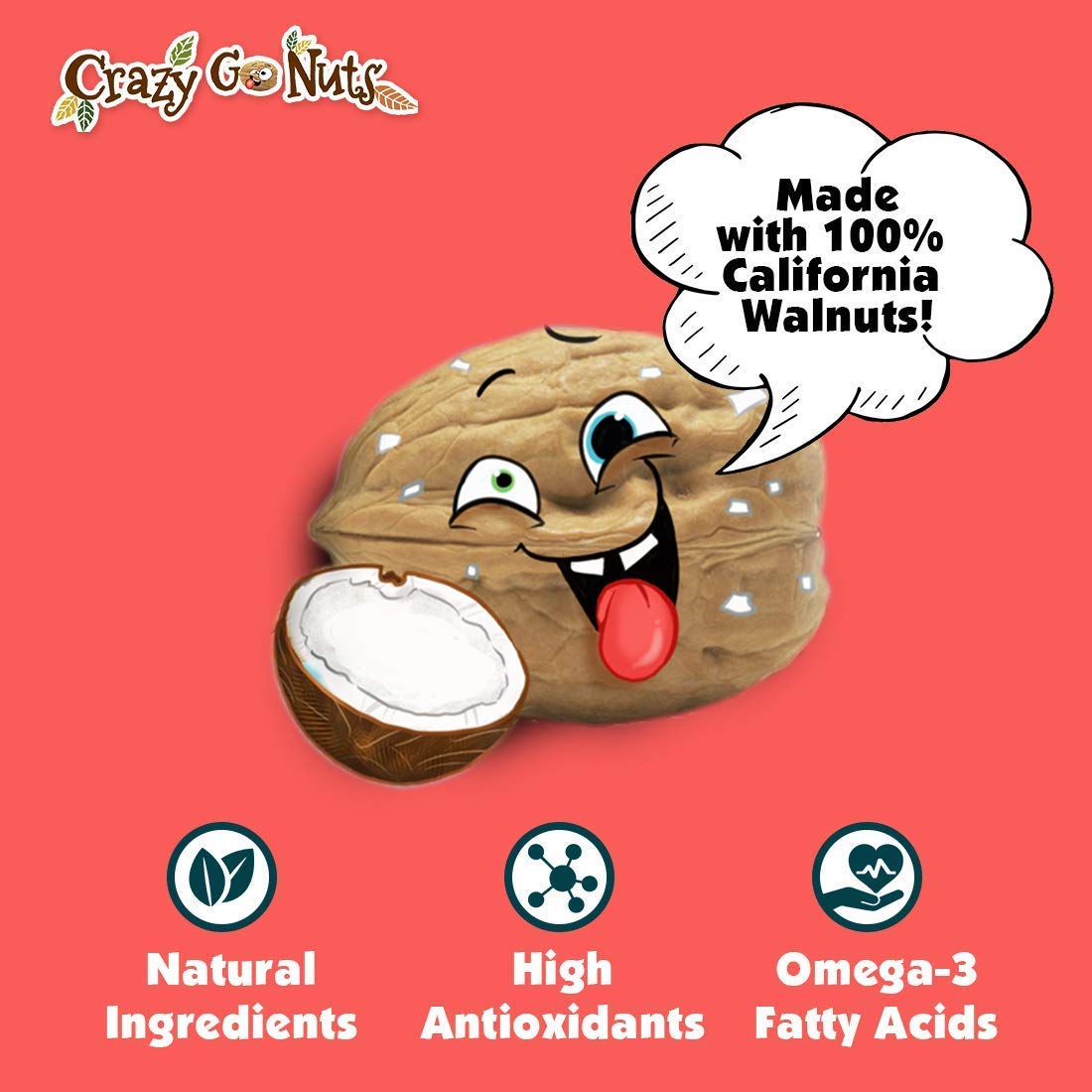Crazy Go Nuts Walnuts Coconut - Glazed Walnuts, Healthy Snacks, Vegan, Gluten Free, Superfood - Natural, Non-Gmo, Ala, Omega 3 F