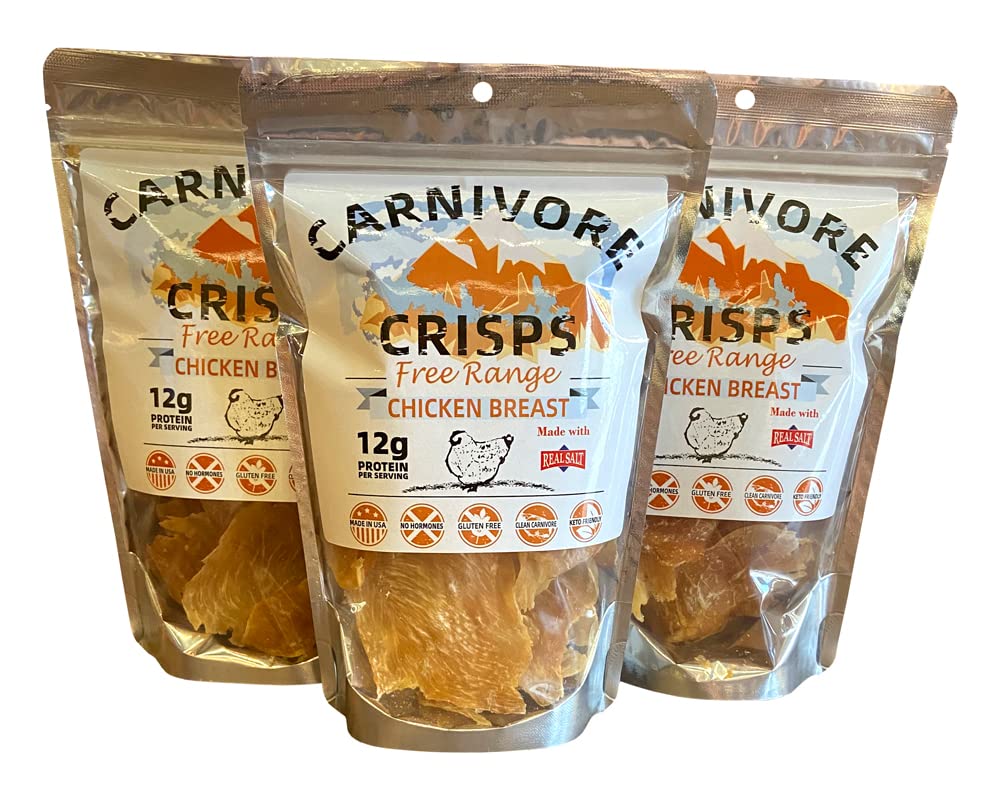 Carnivore Crisps Chicken Breast, (3) 1.5 Oz Bag, 12 G Proteins Per Serving, Carnivore Diet Approved, Keto Diet Approved