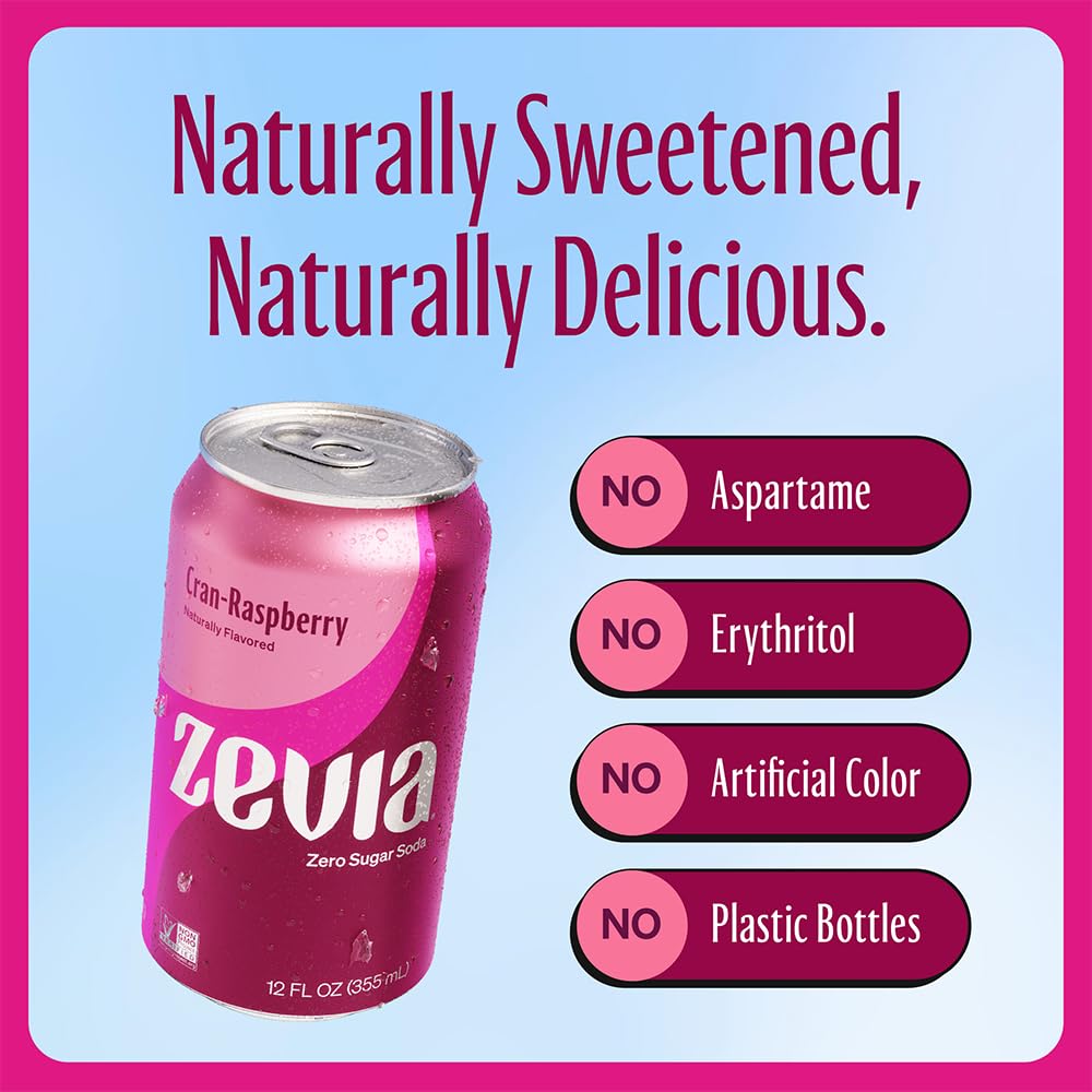 Zevia Zero Sugar Soda Cran-Raspberry 12 oz Cans 24-Pack Non-GMO Gluten-Free Vegan