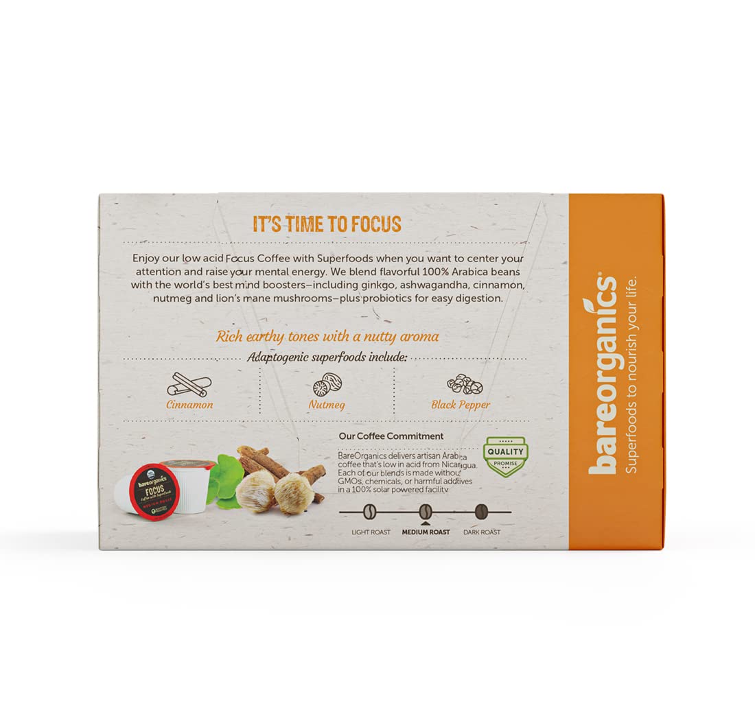 Bareorganics Focus Coffee Pods With Superfoods & Probiotics | Keurig K-Cup Compatible | Usda Certified Organic, Vegan, Non-Gmo &