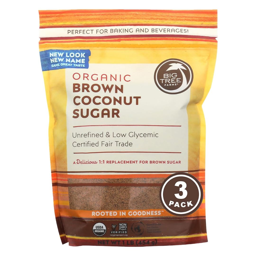 Big Tree Farms Organic Brown Coconut Sugar, Unrefined Cane Sugar Replacement, 16 Oz (Pack of 3)